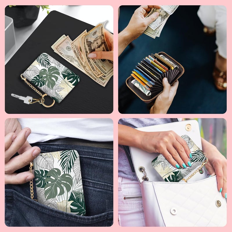 Blusabaca Credit Card Holder for Women, Tropical Leaves Abstract Small RFID Wallet with Zipper, Card Keychain Wallet, Leather Card Case, Business RFID Blocking Accordion Purse Wallet Gift - Image 3
